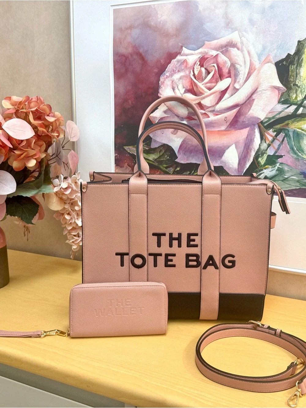 NWOT Blush Pink Faux Leather Tote Bag/Matching Wallet Set Shoulder Crossbody